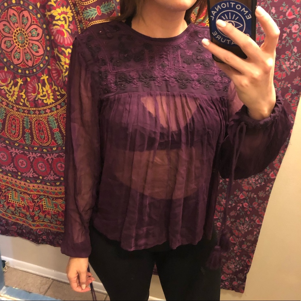 NWT Free People Sheer Dark Purple Boho Top - Picture 2 of 8